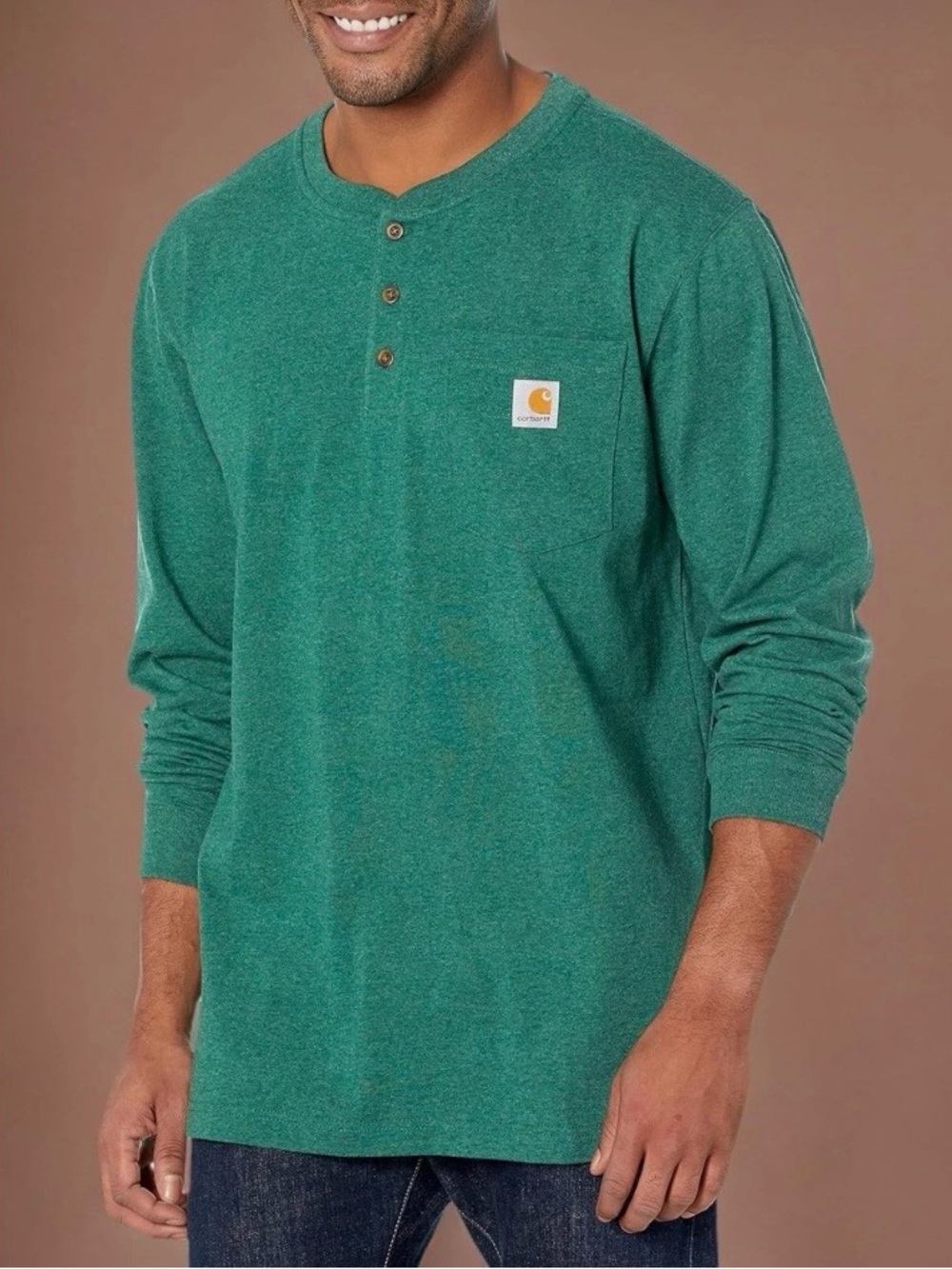 Carhartt Men’s Green Long-Sleeve Loose Fit Heavy Weight Henley Pocket Tee Sz M